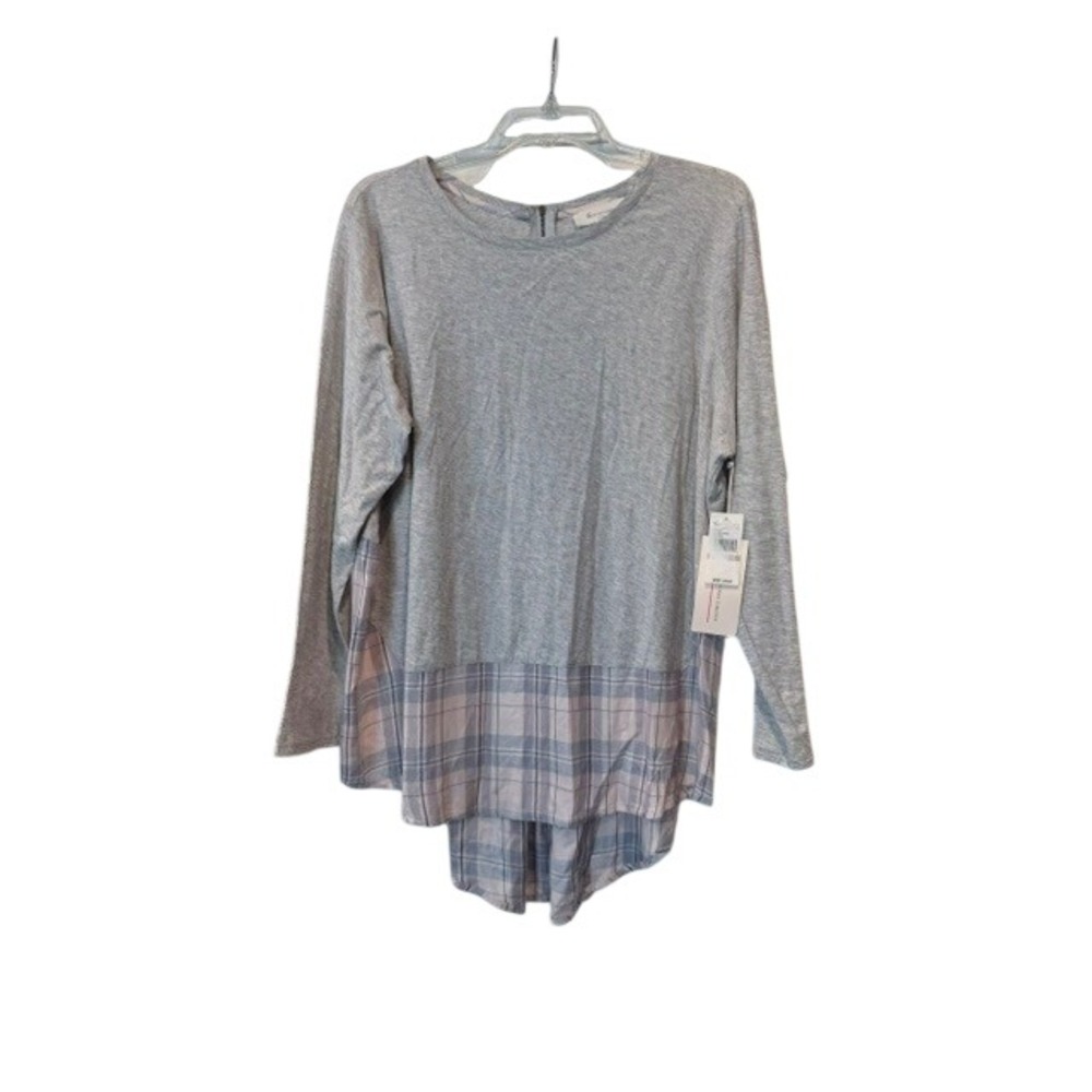 Two by Vince Camuto Womens 1X Grey Pink Plaid Soft Mixed Media High Low Top NWT
